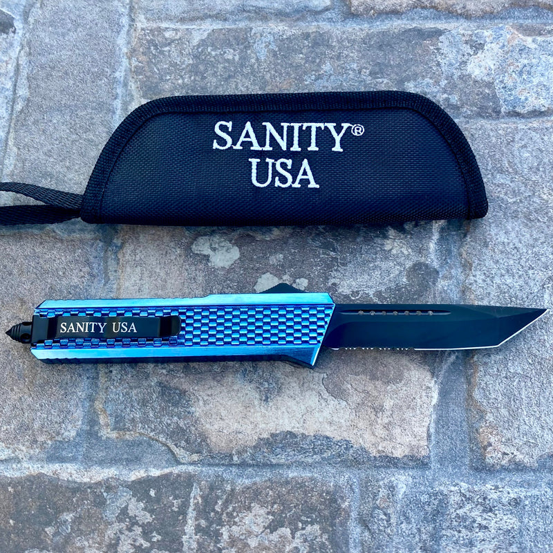 SANITY JEWELRY® D2 Steel 9.5" Frank Nitti Large - "Prohibition Series" - Tanto Serrated Blue - LBTR