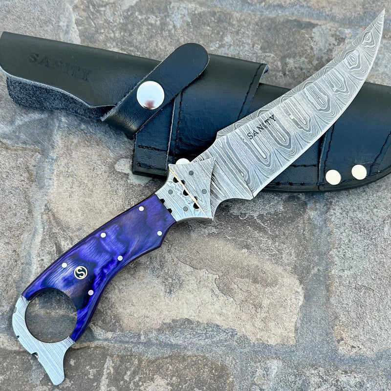 Sanity Jewelry Damascus Steel 11” John Dillinger - Blue/Violet Wood - Damascus - Horizontal & Vertical Carry - JDE07