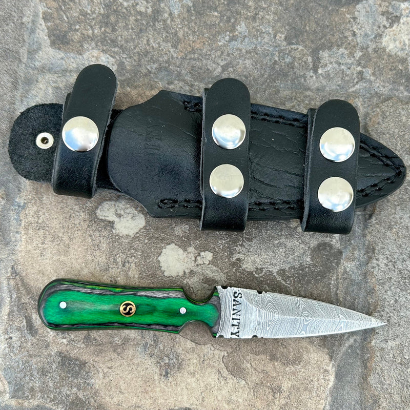 SANITY JEWELRY® Damascus Steel 6” Bonnie & Clyde - Green & Black Wood - Damascus - Horizontal & Vertical Carry - BC11