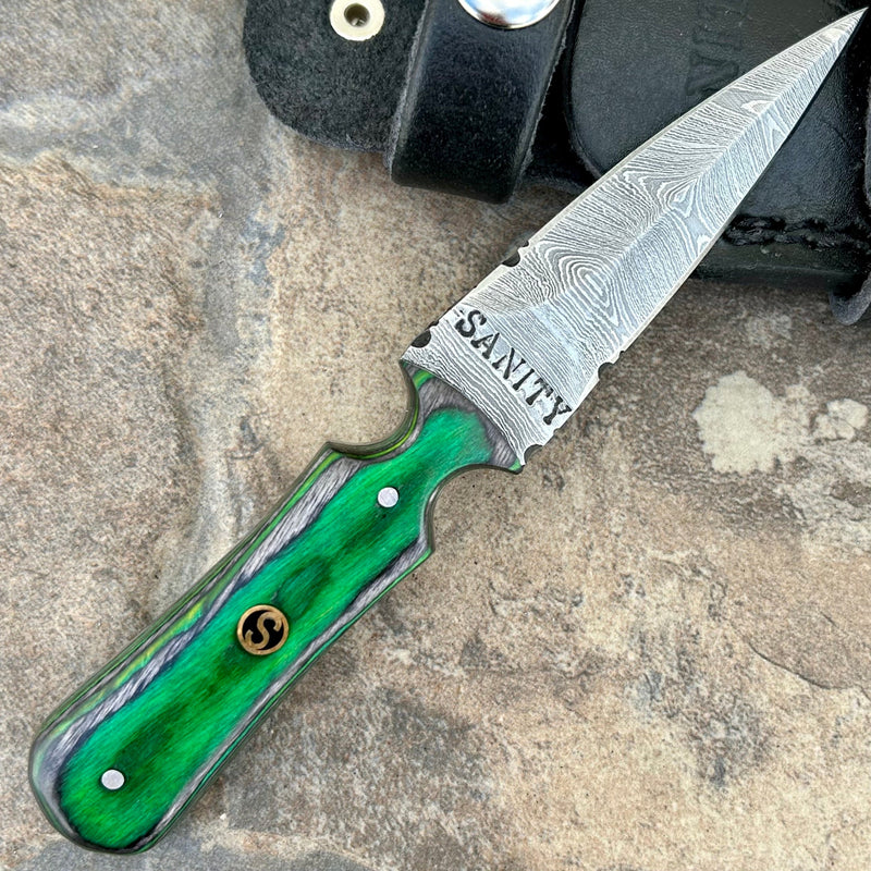 SANITY JEWELRY® Damascus Steel 6” Bonnie & Clyde - Green & Black Wood - Damascus - Horizontal & Vertical Carry - BC11