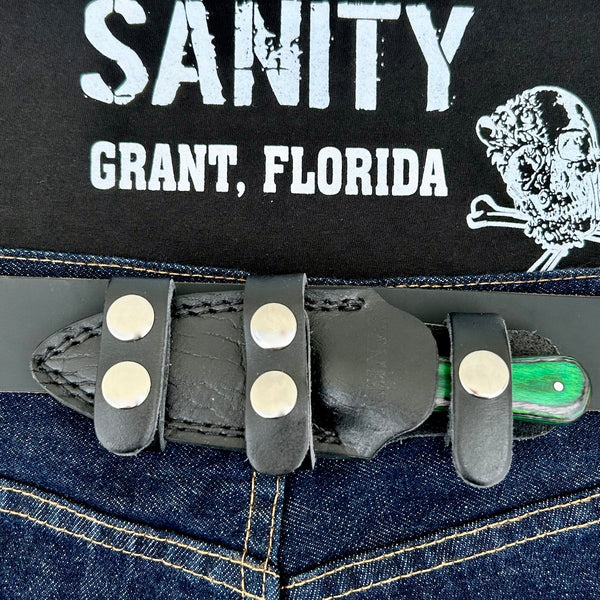 SANITY JEWELRY® Damascus Steel 6” Bonnie & Clyde - Green & Black Wood - Damascus - Horizontal & Vertical Carry - BC11