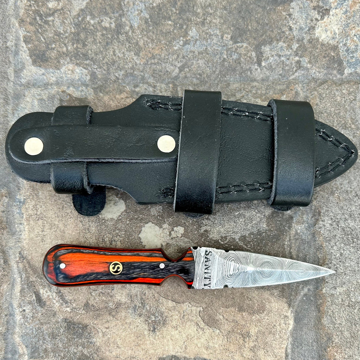 6” Bonnie & Clyde - Orange & Black Wood - Damascus - Horizontal & Vert