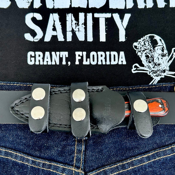 SANITY JEWELRY® Damascus Steel 6” Bonnie & Clyde - Orange & Black Wood - Damascus - Horizontal & Vertical Carry - BC08