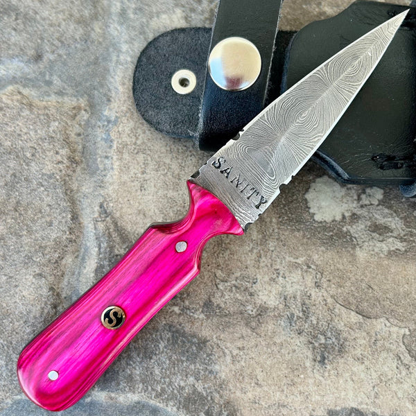 SANITY JEWELRY® Damascus Steel 6” Bonnie & Clyde - Pink Wood - Damascus - Horizontal & Vertical Carry - BC03