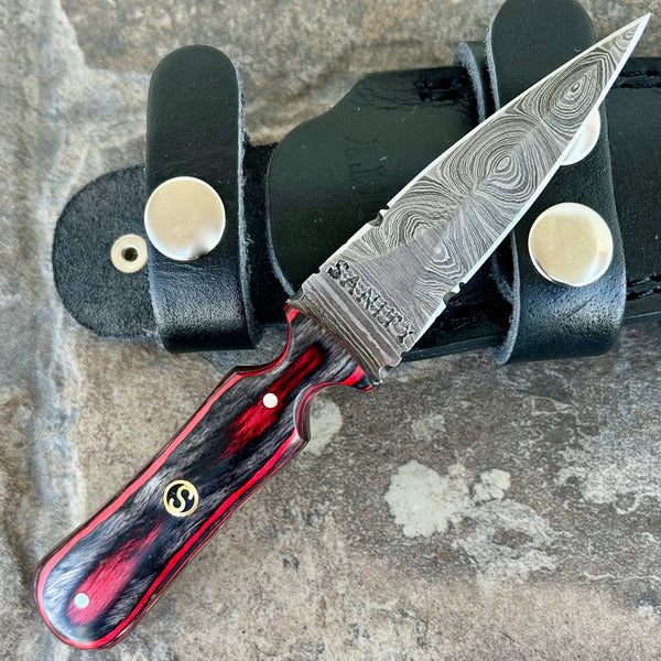 SANITY JEWELRY® Damascus Steel 6” Bonnie & Clyde - Red & Black Wood - Damascus - Horizontal & Vertical Carry - BC02