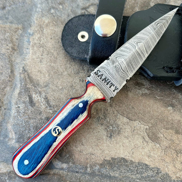 SANITY JEWELRY® Damascus Steel 6” Bonnie & Clyde - Red, White & Blue Wood - Damascus - Horizontal & Vertical Carry - BC04