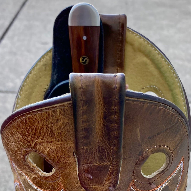 SANITY JEWELRY® Damascus Steel 6" Cole Younger - Boot Sheath W/Clip - Skinner Mahogany - CYS05