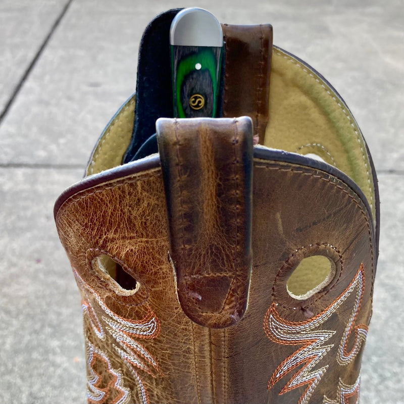SANITY JEWELRY® Damascus Steel 6" Cole Younger - Boot Sheath W/Clip - Tanto Green & Black - CYT05