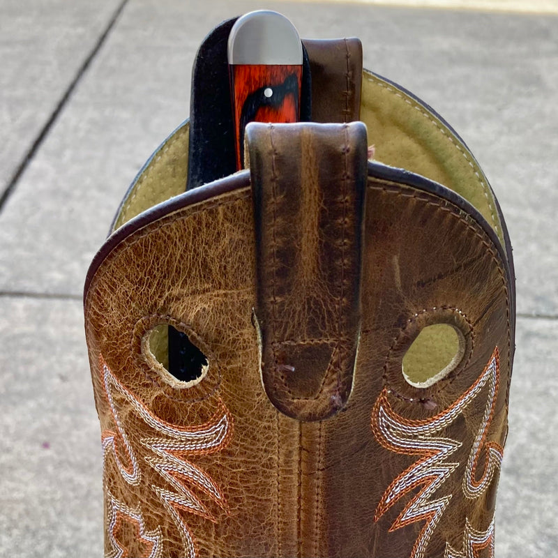 SANITY JEWELRY® Damascus Steel 6” Cole Younger - Boot Sheath W/Clip - Tanto Orange & Black - CYT06