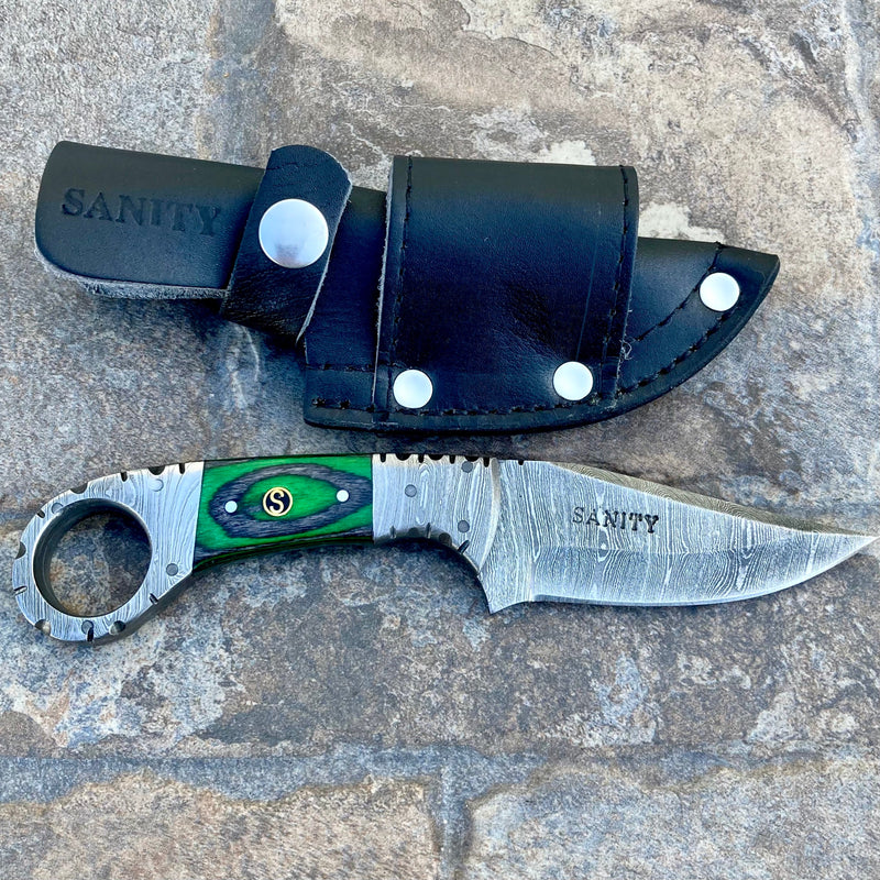 SANITY JEWELRY® Damascus Steel 7.5” Al Capone - Green & Black Wood - Damascus - Horizontal & Vertical Carry - AC707