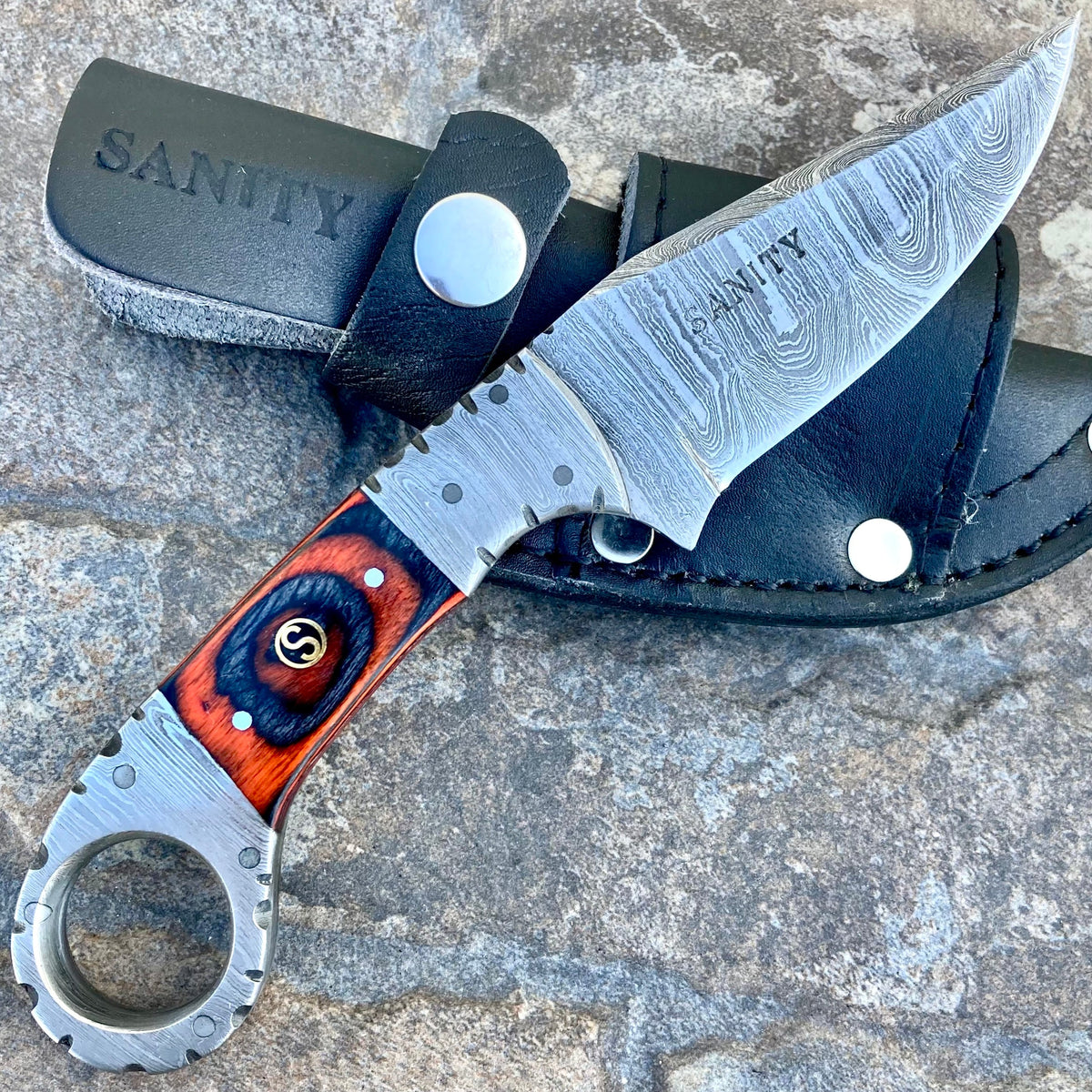 7.5” Al Capone - Orange & Black Wood - Damascus - Horizontal & Vertica
