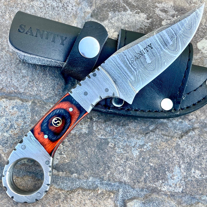 SANITY JEWELRY® Damascus Steel 7.5” Al Capone - Orange & Black Wood - Damascus - Horizontal & Vertical Carry - AC706