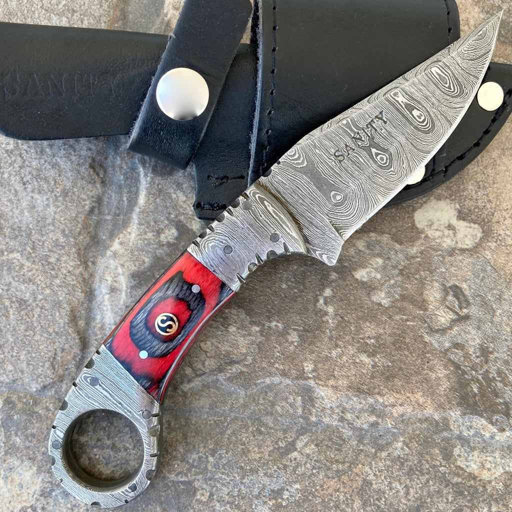 Red Capone 7.5” Al Capone - Red & Black Wood - Damascus - Horizontal & Vertical C
