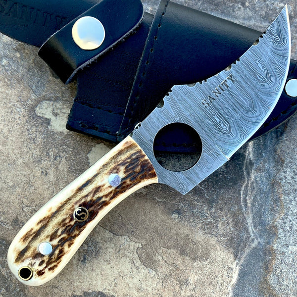 SANITY JEWELRY® Damascus Steel 7" Jesse James - Stag Antler - Damascus - Horizontal & Vertical Carry - JJ010