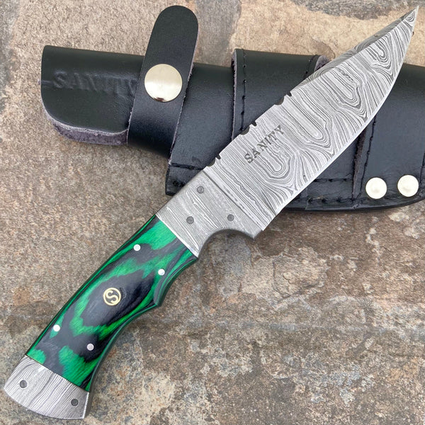 Sanity Jewelry Damascus Steel 8.5” Lucky Luciano - Green & Black Wood - Damascus - Horizontal & Vertical Carry - LL03
