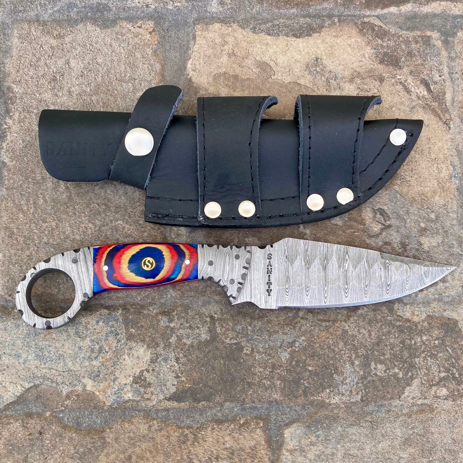9” Al Capone - Red/White/Blue Wood - Damascus - Horizontal & Vertical