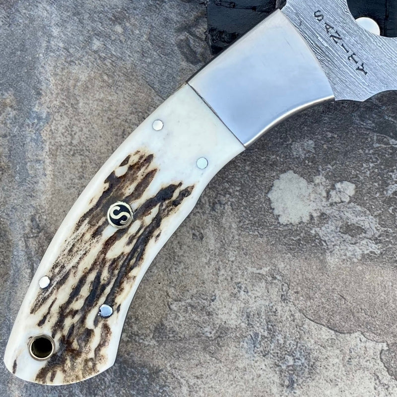 SANITY JEWELRY® Damascus Steel 9" Angelo the Hook - Stag Antler - Damascus - Horizontal & Vertical Carry - AH01