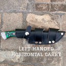 Sanity Jewelry Damascus Steel Belt Sheath Left Handed Horizontal 8.5” Lucky Luciano - Green & Black Wood - Damascus - Horizontal & Vertical Carry - LL03