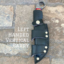 Sanity Jewelry Damascus Steel Belt Sheath Left Handed Vertical 9” Al Capone - Red/White/Blue Wood - Damascus - Horizontal & Vertical Carry - PE04