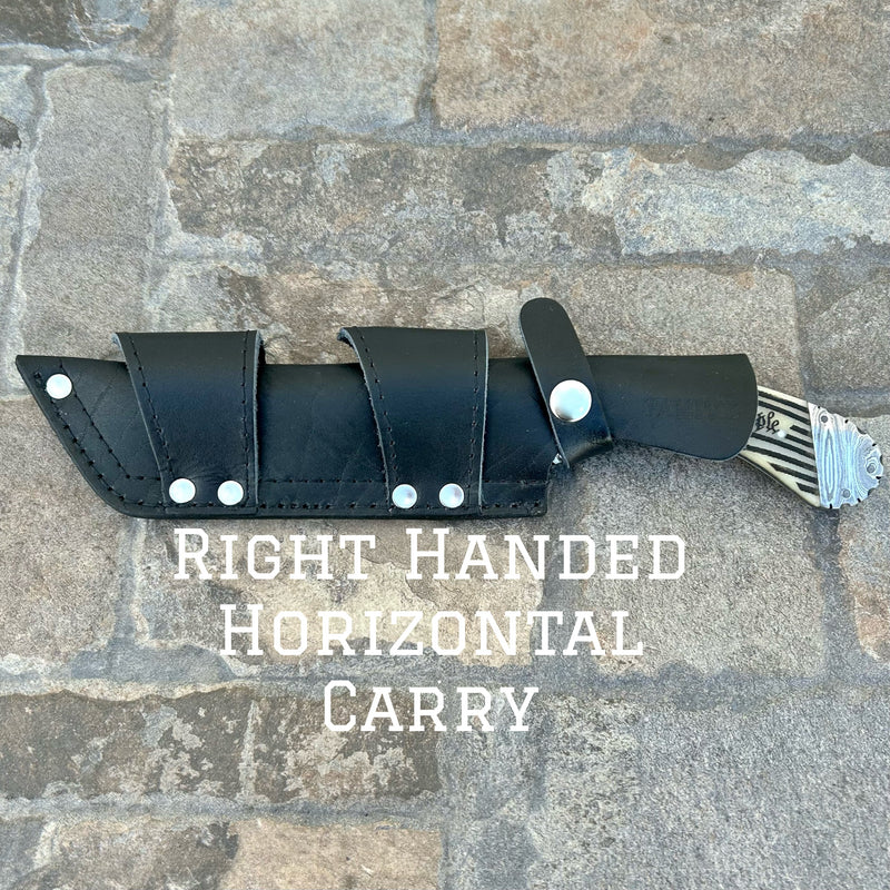 Sanity Jewelry Damascus Steel Belt Sheath Right Handed Horizontal 11” Doc Holiday - Bone - Damascus - Horizontal & Vertical Carry - DOC2