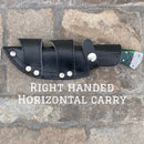 Sanity Jewelry Damascus Steel Belt Sheath Right Handed Horizontal 8.5” Lucky Luciano - Green & Black Wood - Damascus - Horizontal & Vertical Carry - LL03