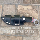 Sanity Jewelry Damascus Steel Belt Sheath Right Handed Horizontal 9” Al Capone - Red/White/Blue Wood - Damascus - Horizontal & Vertical Carry - PE04