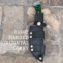 Sanity Jewelry Damascus Steel Belt Sheath Right Handed Vertical 8.5” Lucky Luciano - Green & Black Wood - Damascus - Horizontal & Vertical Carry - LL03