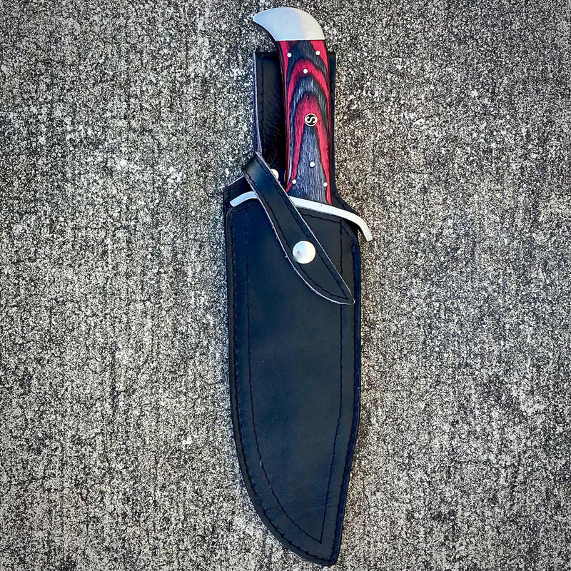 Sanity Jewelry Damascus Steel Black Holder New - 14” Jim Bowie - Red & Black Wood - Damascus - Vertical Carry - JBSC5