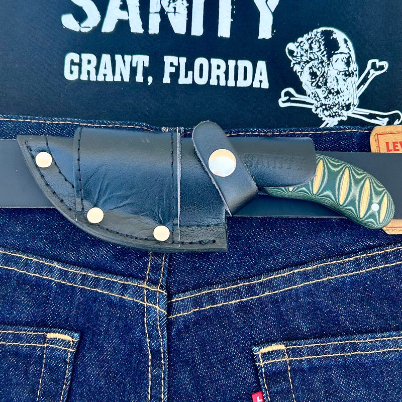 SANITY JEWELRY® Damascus Steel BOGO - 7” Frank James - Green & White Wood - Damascus - Horizontal & Vertical Carry - FJ002