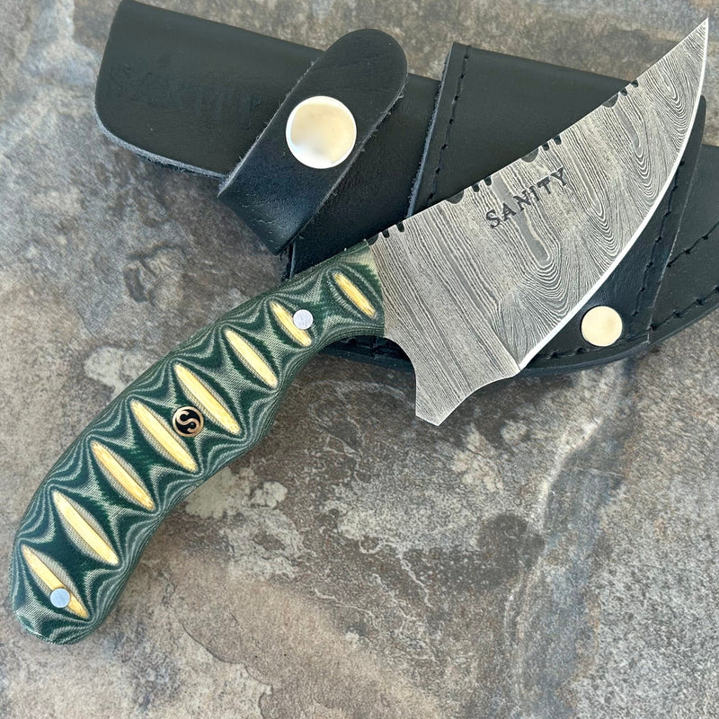 SANITY JEWELRY® Damascus Steel BOGO - 7” Frank James - Green & White Wood - Damascus - Horizontal & Vertical Carry - FJ002