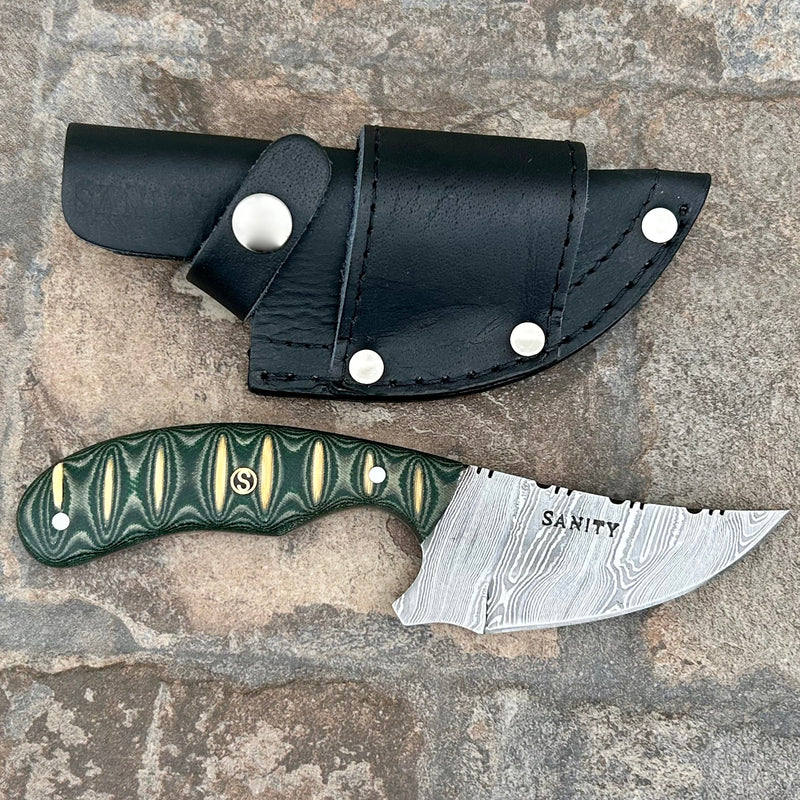 SANITY JEWELRY® Damascus Steel BOGO - 7” Frank James - Green & White Wood - Damascus - Horizontal & Vertical Carry - FJ002