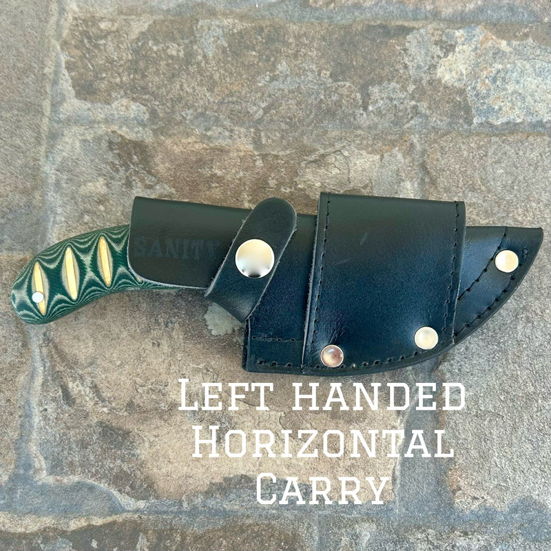 SANITY JEWELRY® Damascus Steel Left Handed Horizontal BOGO - 7” Frank James - Green & White Wood - Damascus - Horizontal & Vertical Carry - FJ002