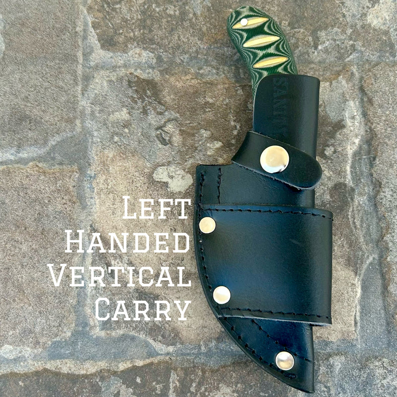 SANITY JEWELRY® Damascus Steel Left Handed Vertical BOGO - 7” Frank James - Green & White Wood - Damascus - Horizontal & Vertical Carry - FJ002