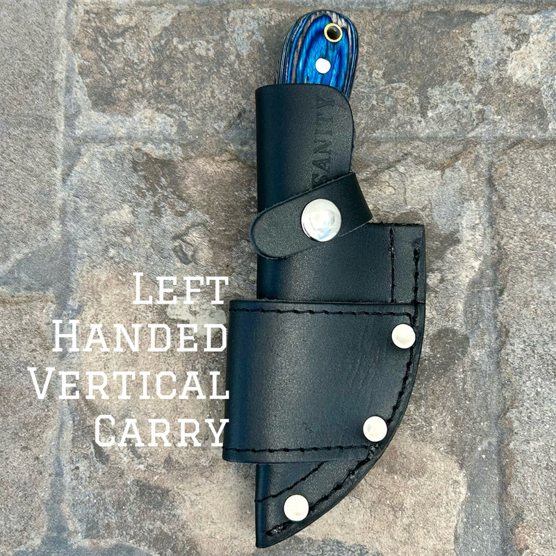 SANITY JEWELRY® Damascus Steel Left Handed Vertical Jesse James - Blue & Black Wood - Damascus - Horizontal & Vertical Carry - 7 inches - SKU JJ011