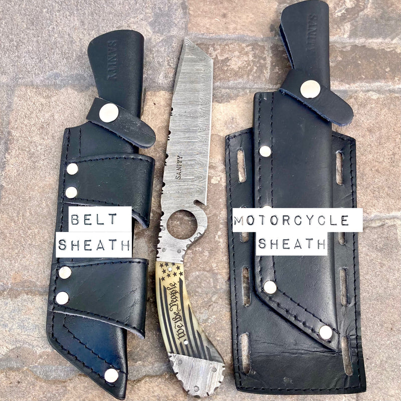 Sanity Jewelry Damascus Steel Motorcycle Sheath W/Belt Sheath Right Handed Horizontal 11” Doc Holiday - Bone - Damascus - Horizontal & Vertical Carry - DOC2