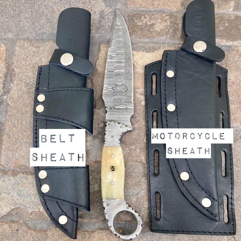 Sanity Jewelry Damascus Steel Motorcycle Sheath W/Belt Sheath Right Handed Horizontal 9” Al Capone - Purple Wood - Damascus - Horizontal & Vertical Carry - PE17