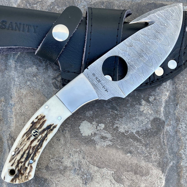 SANITY JEWELRY® Damascus Steel New - 9" Angelo the Hook - Stag Antler - Damascus - Horizontal & Vertical Carry - AH01
