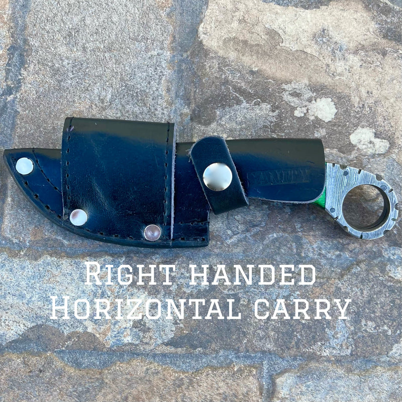 SANITY JEWELRY® Damascus Steel Right Handed Horizontal 7.5” Al Capone - Green & Black Wood - Damascus - Horizontal & Vertical Carry - AC707