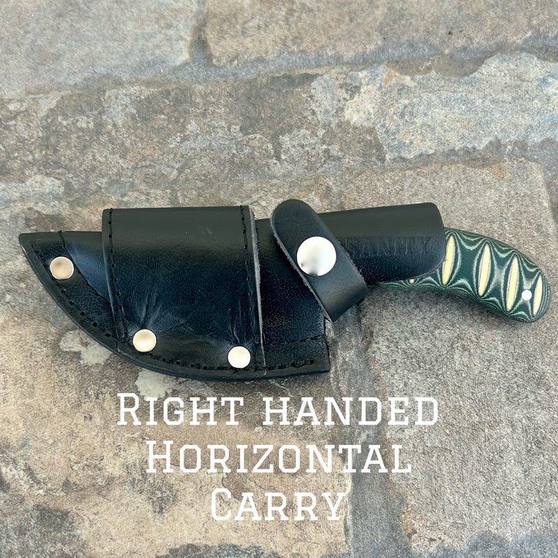 SANITY JEWELRY® Damascus Steel Right Handed Horizontal BOGO - 7” Frank James - Green & White Wood - Damascus - Horizontal & Vertical Carry - FJ002