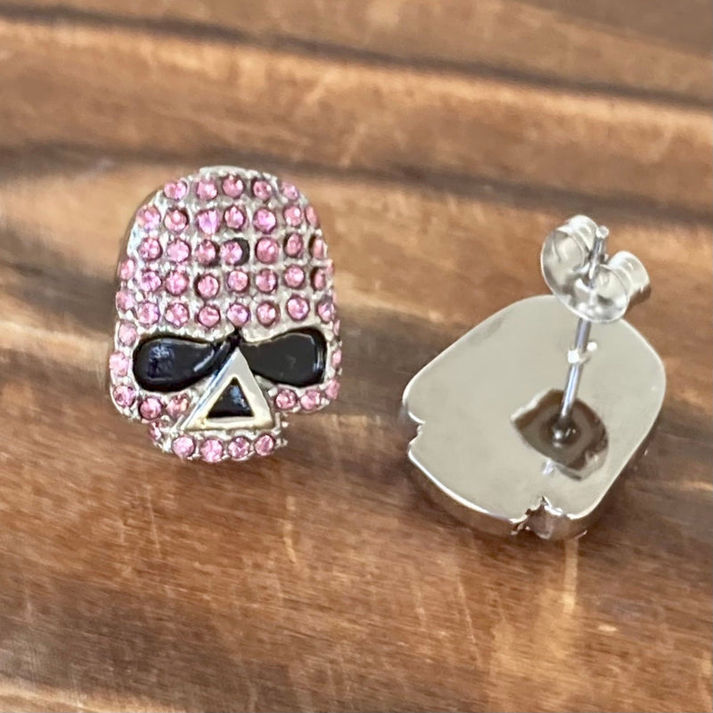 Sanity Jewelry Earrings Bling Skull Earrings - Pink Stone - Large Stud - 2596S