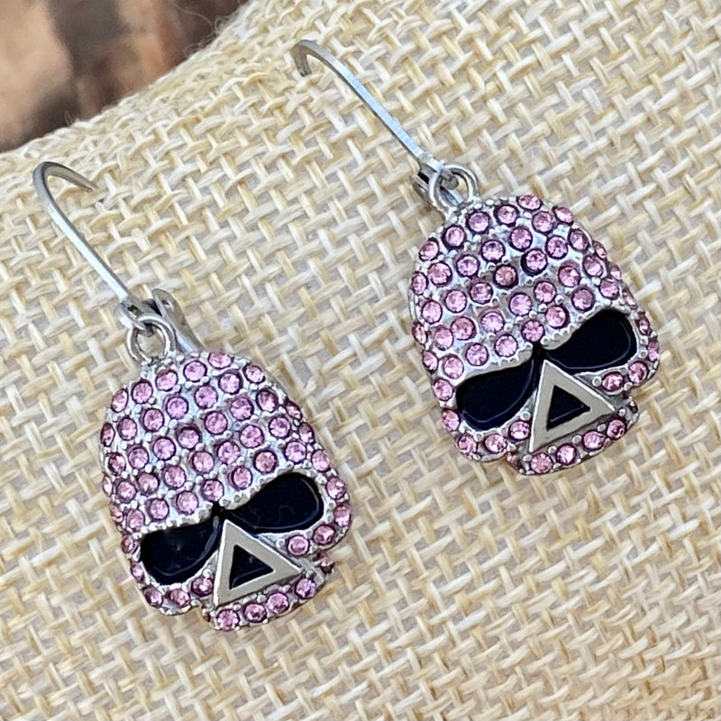 Sanity Jewelry Earrings Bling Skull Earrings - Pink Stone - Lever Back - 2596L