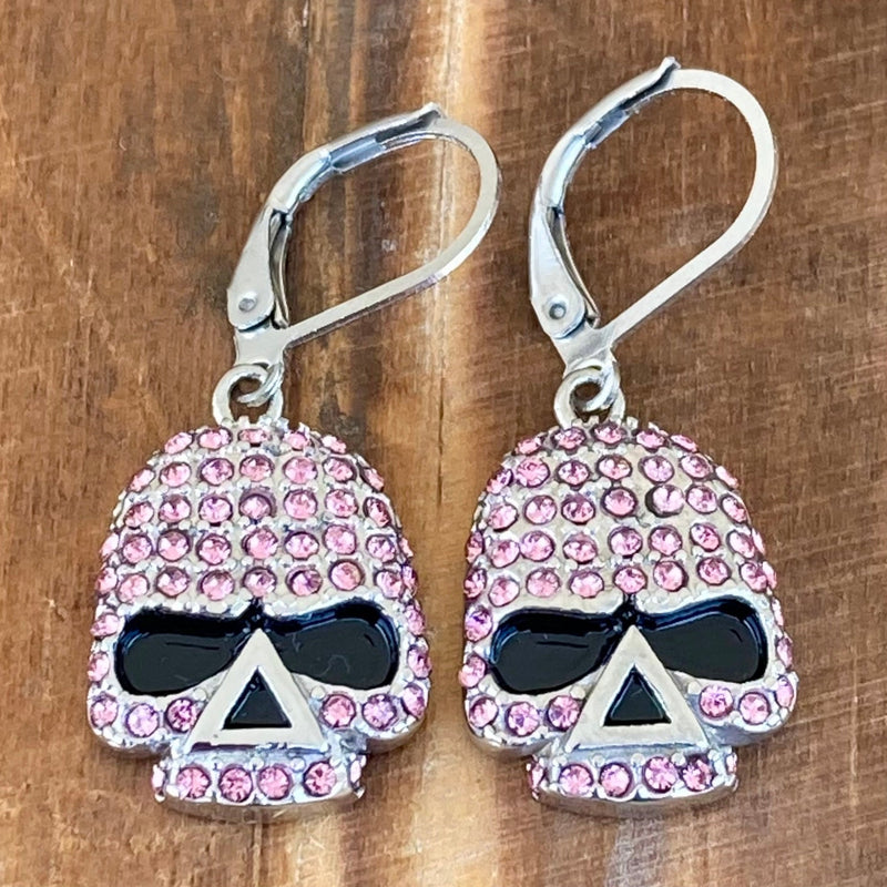 Sanity Jewelry Earrings Bling Skull Earrings - Pink Stone - Lever Back - 2596L