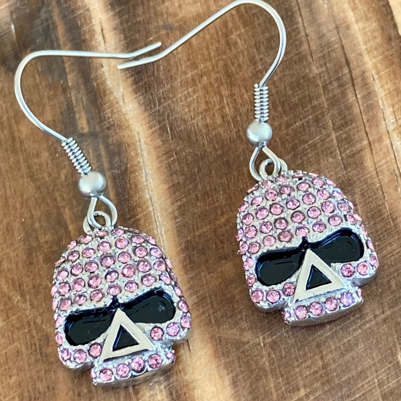 Sanity Jewelry Earrings Bling Skull Earrings - Pink Stone - Wire - 2596W