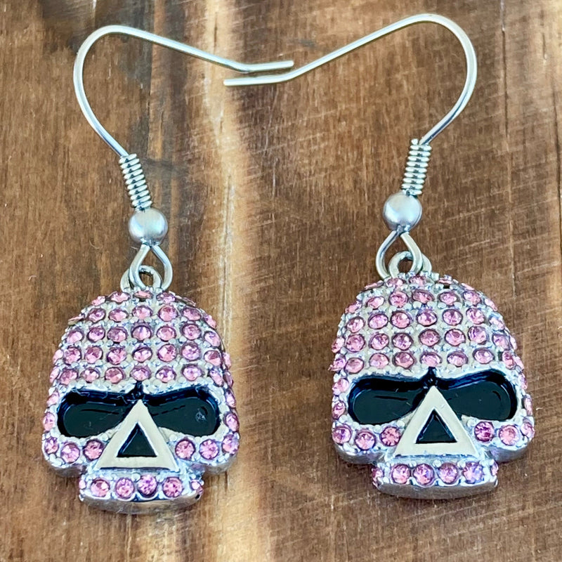 Sanity Jewelry Earrings Bling Skull Earrings - Pink Stone - Wire - 2596W