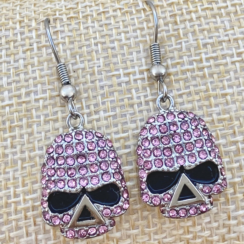 Sanity Jewelry Earrings Bling Skull Earrings - Pink Stone - Wire - 2596W