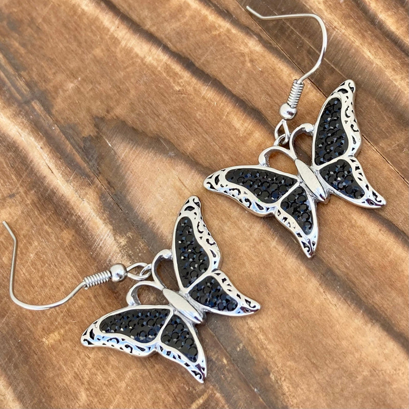 Sanity Jewelry Earrings Crystal Butterfly Earrings - Black - 2613E