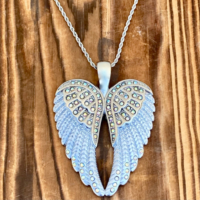 SANITY JEWELRY® Ladies Necklace 2mm 16" Angel Heart Wings Pendant - White W/Rainbow Stones Wings - Classic - Rope Necklace or Omega - LAP38