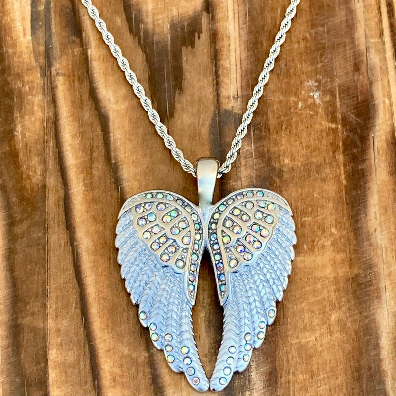 SANITY JEWELRY® Ladies Necklace 2mm 16" Angel Heart Wings Pendant - White W/Rainbow Stones Wings - Custom - Rope Necklace - LAP37