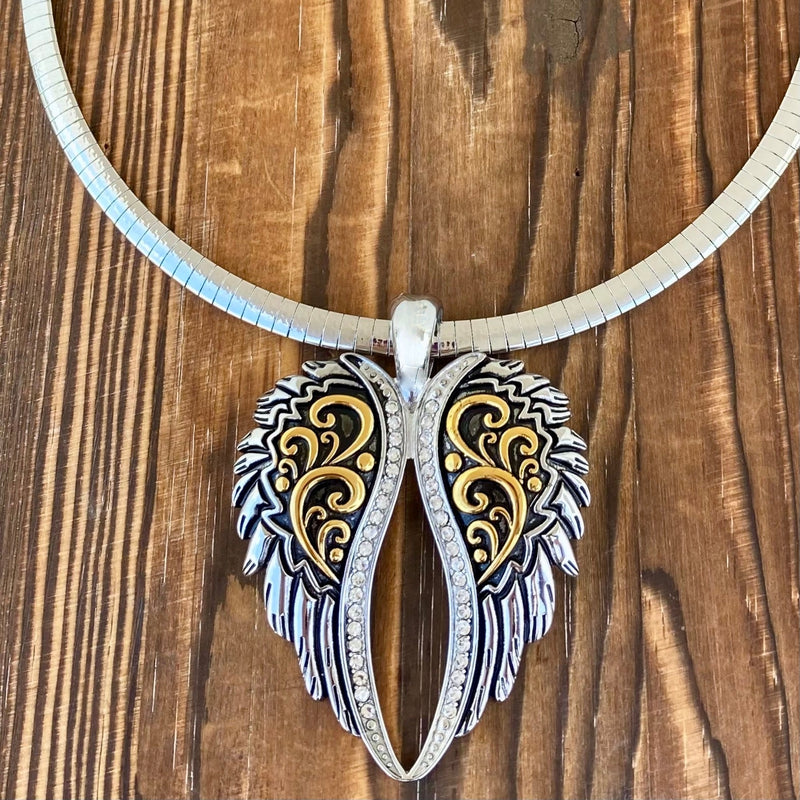 Angel Heart Wings Pendant - Silver Wings - Classic - Rope Necklace or