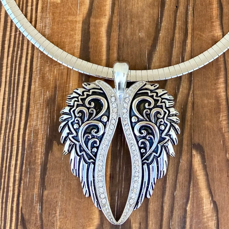 Sanity Jewelry Ladies Necklace 2mm 16” Rope Necklace Angel Heart Wings Pendant - Silver Bling Wings - Classic - Rope Necklace or Omega - LAP035